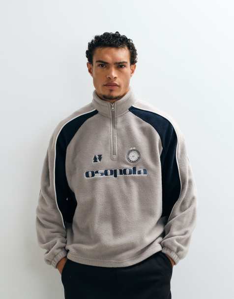 ASOS DESIGN relaxed funnel neck fleece with cut & sew panels and embroidery print in grey - view 1