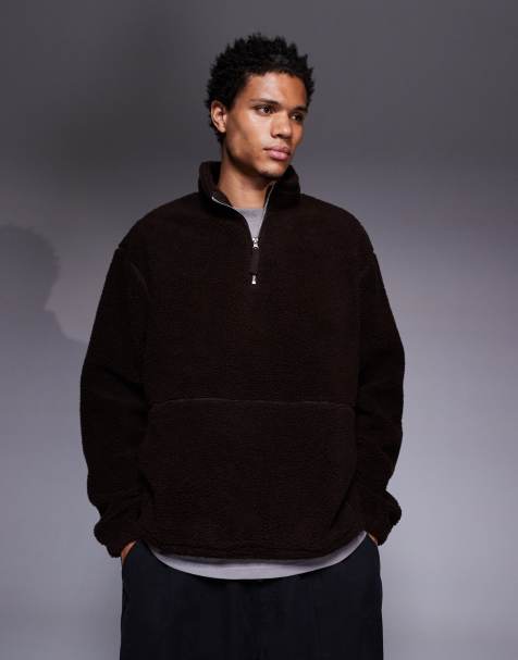 ASOS DESIGN relaxed funnel neck quarter zip borg sweatshirt in brown - BROWN - view 1