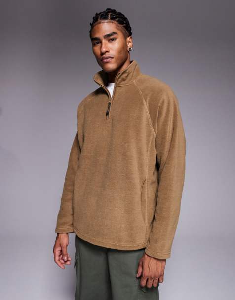 ASOS DESIGN relaxed funnel neck quarter zip fleece sweatshirt in beige - view 1