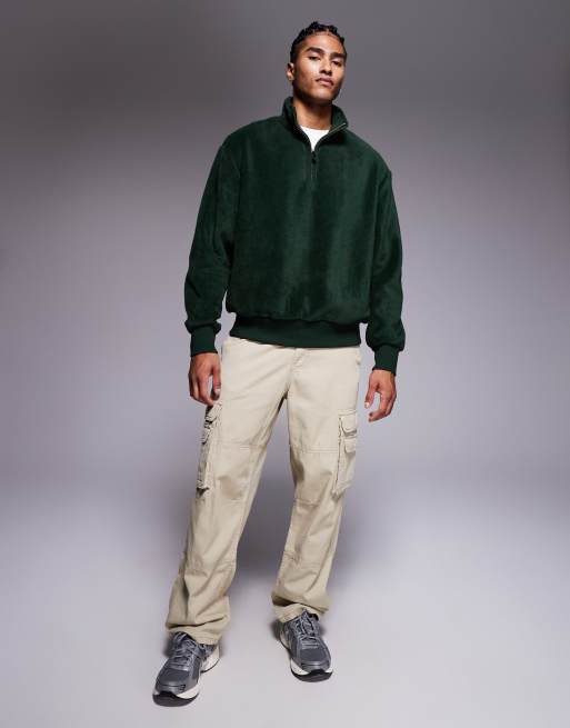 ASOS DESIGN relaxed funnel neck quarter-zip fleece sweatshirt in dark green, 2 of 5