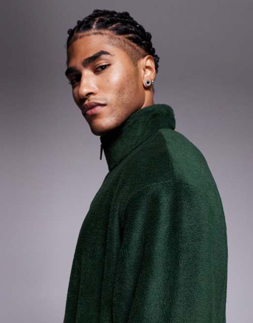 ASOS DESIGN relaxed funnel neck quarter-zip fleece sweatshirt in dark green, 4 of 5