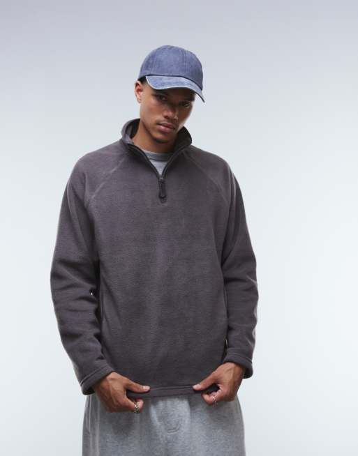 ASOS DESIGN relaxed funnel neck quarter zip fleece sweatshirt in grey - KHAKI