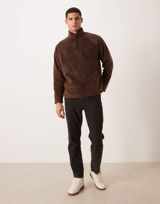 ASOS DESIGN relaxed funnel neck quarter zip fleece sweatshirt in light brown, 2 of 5