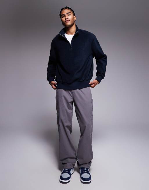 ASOS DESIGN relaxed funnel neck quarter-zip fleece sweatshirt in navy, 2 of 5