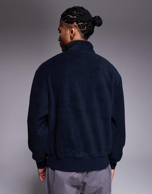 ASOS DESIGN relaxed funnel neck quarter-zip fleece sweatshirt in navy, 3 of 5