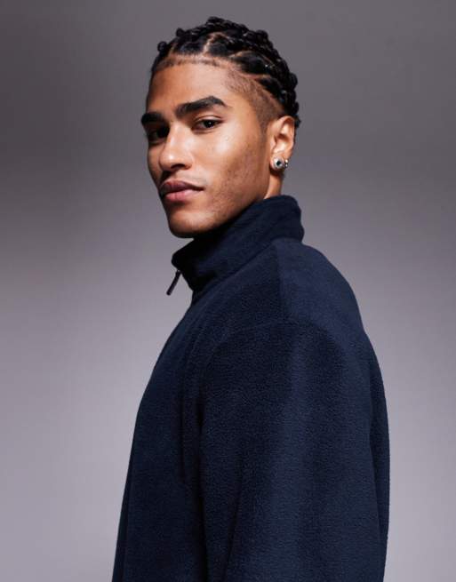 ASOS DESIGN relaxed funnel neck quarter-zip fleece sweatshirt in navy, 4 of 5
