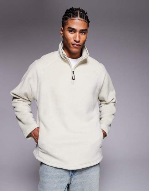 ASOS DESIGN relaxed funnel neck quarter zip fleece sweatshirt in stone - view 1