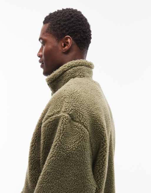 ASOS DESIGN relaxed funnel neck zip through borg sweatshirt in green, 4 of 5