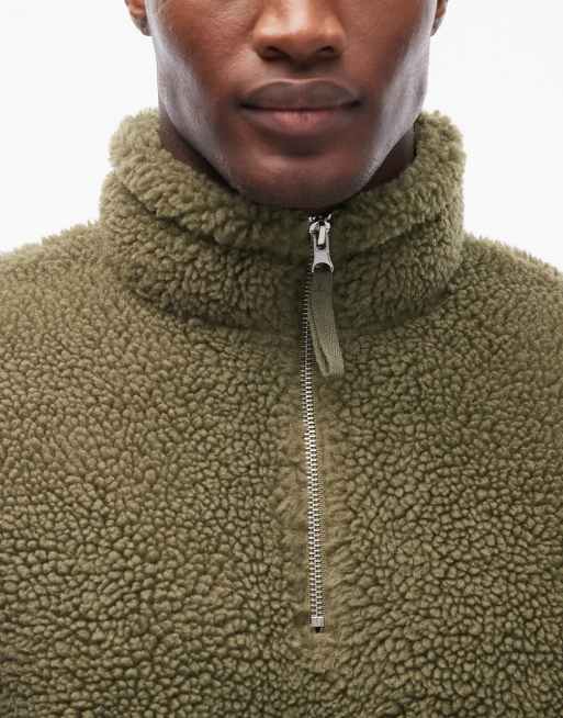 ASOS DESIGN relaxed funnel neck zip through borg sweatshirt in green, 5 of 5
