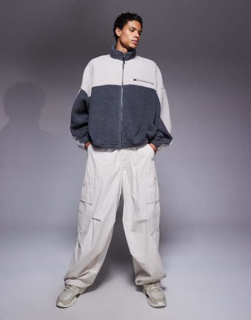 ASOS DESIGN relaxed funnel neck zip through borg sweatshirt in grey, 2 of 5