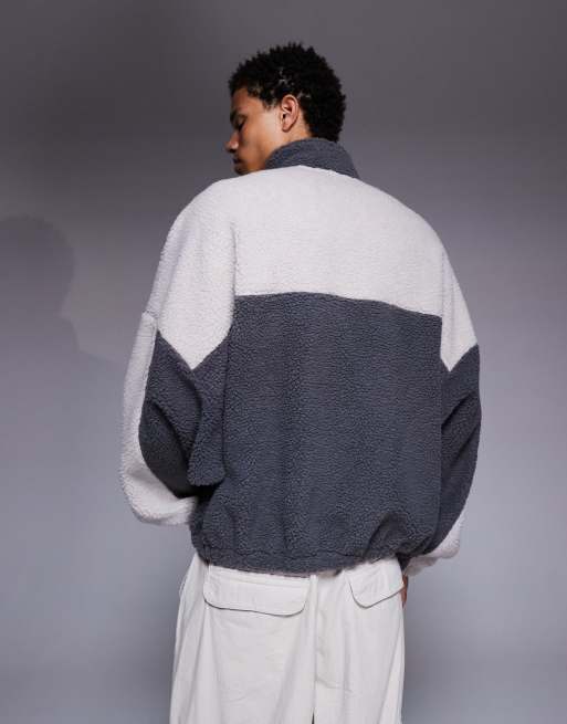ASOS DESIGN relaxed funnel neck zip through borg sweatshirt in grey, 3 of 5