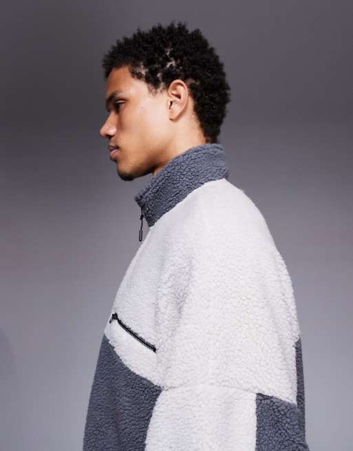 ASOS DESIGN relaxed funnel neck zip through borg sweatshirt in grey, 4 of 5