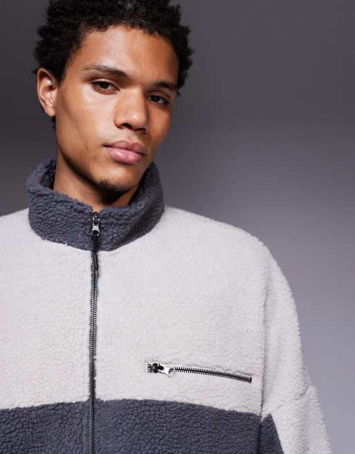 ASOS DESIGN relaxed funnel neck zip through borg sweatshirt in grey, 5 of 5