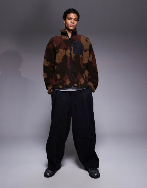 ASOS DESIGN relaxed funnel neck zip through borg sweatshirt with pocket in camo print in brown, 2 of 5