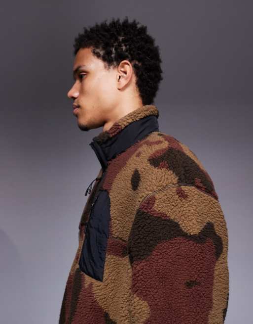 ASOS DESIGN relaxed funnel neck zip through borg sweatshirt with pocket in camo print in brown, 4 of 5