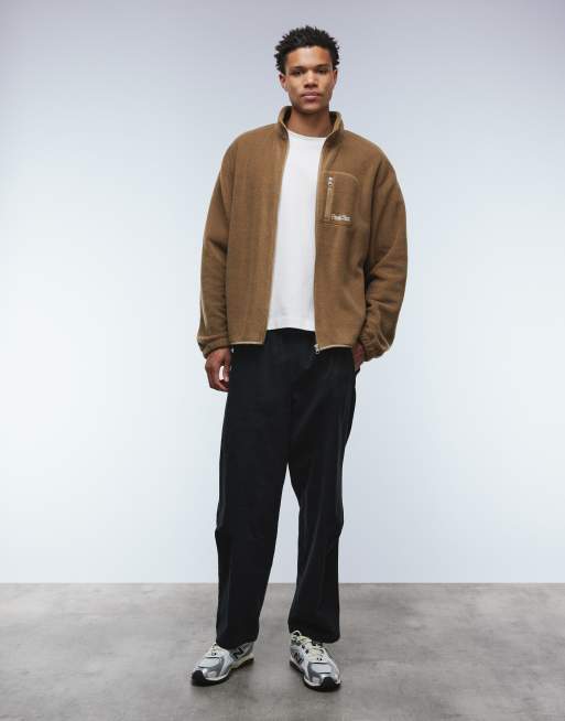 ASOS DESIGN relaxed funnel neck zip-through fleece sweatshirt with chest pocket in brown, 2 of 5