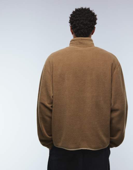 ASOS DESIGN relaxed funnel neck zip-through fleece sweatshirt with chest pocket in brown, 3 of 5