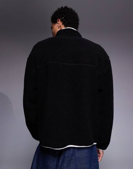ASOS DESIGN relaxed funnel neck zip up borg sweatshirt in black