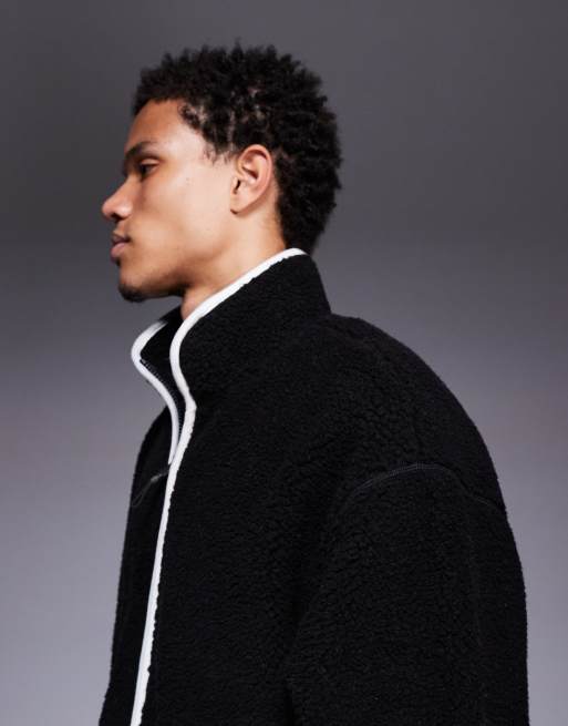 ASOS DESIGN relaxed funnel neck zip up borg sweatshirt in black