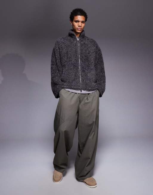 ASOS DESIGN relaxed funnel neck zip up faux fur sweatshirt in charcoal, 2 of 5