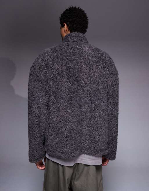 ASOS DESIGN relaxed funnel neck zip up faux fur sweatshirt in charcoal, 3 of 5