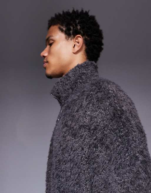 ASOS DESIGN relaxed funnel neck zip up faux fur sweatshirt in charcoal, 4 of 5