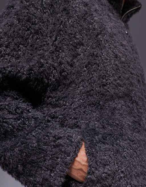 ASOS DESIGN relaxed funnel neck zip up faux fur sweatshirt in charcoal, 5 of 5
