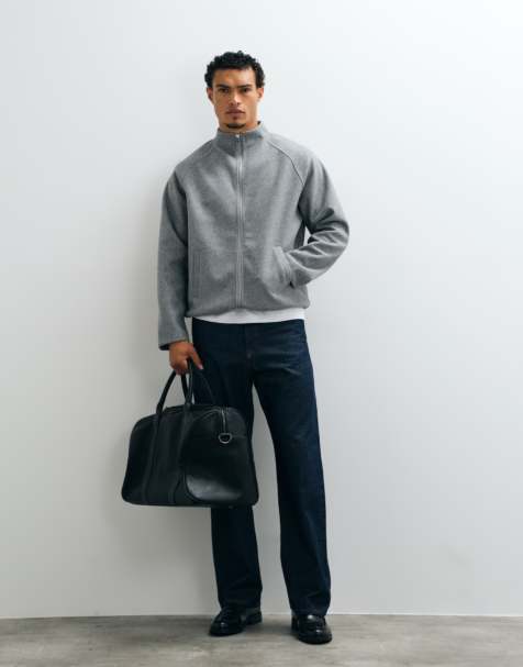 ASOS DESIGN relaxed funnel zip through sweatshirt in wool look texture in grey - view 1