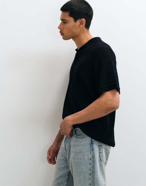 ASOS DESIGN relaxed gebreide airtex top met inkeping in zwart, 5 van 5