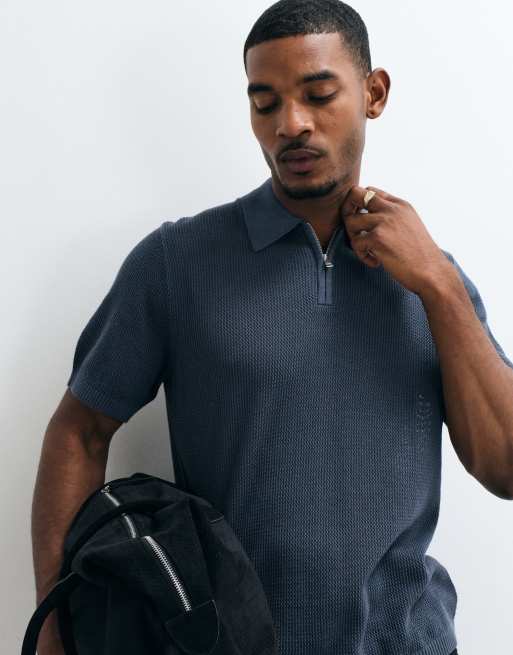 ASOS DESIGN relaxed gebreide pointelle polo met halve rits in blauw, 2 van 5