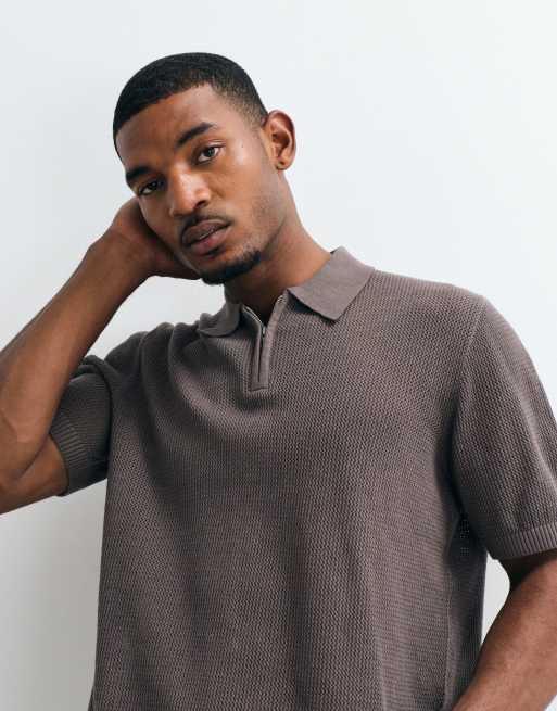 ASOS DESIGN relaxed gebreide pointelle polo met halve rits in bruin, 4 van 5
