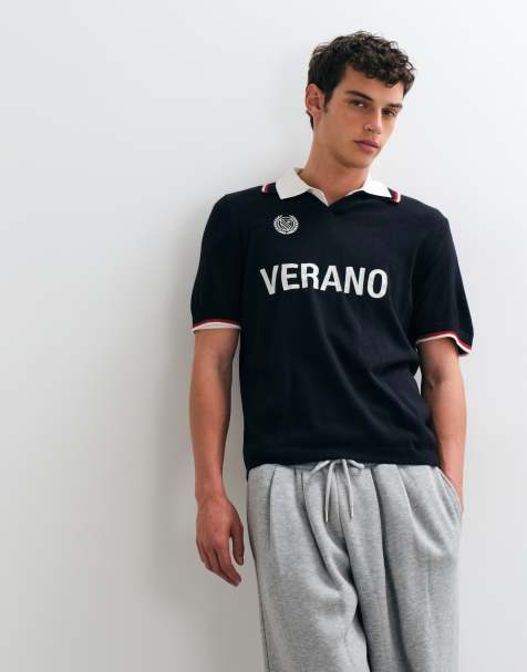 ASOS DESIGN relaxed gebreide poloshirt met print in navy - view 1