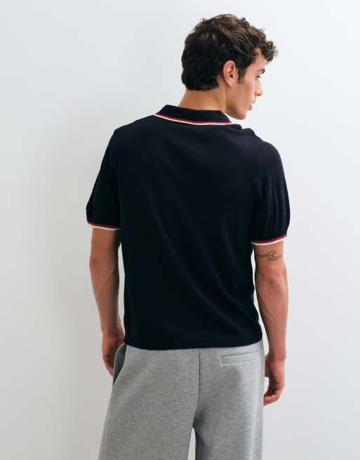 ASOS DESIGN relaxed gebreide poloshirt met print in navy, 4 van 5