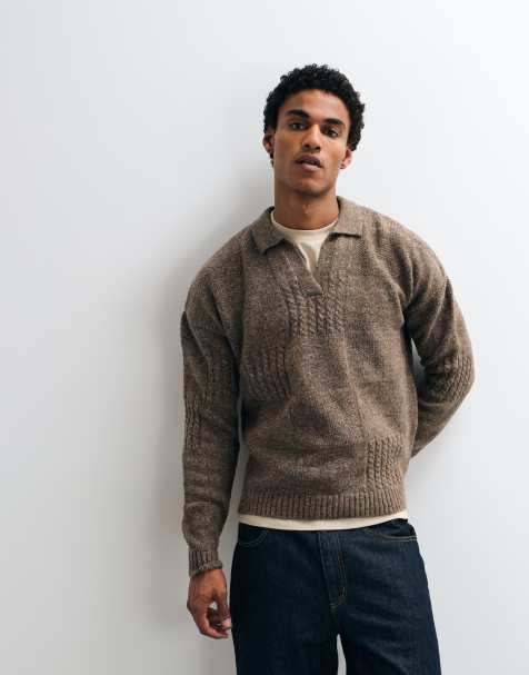 ASOS DESIGN relaxed gebreide top met inkeping in de hals en ruitdetail in bruin - view 1