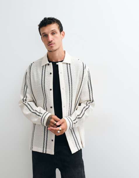 ASOS DESIGN relaxed gehaakt gestreept overhemd met knoopsluiting in crème - view 1