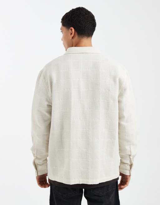ASOS DESIGN relaxed grid textured shirt in beige, 3 of 5