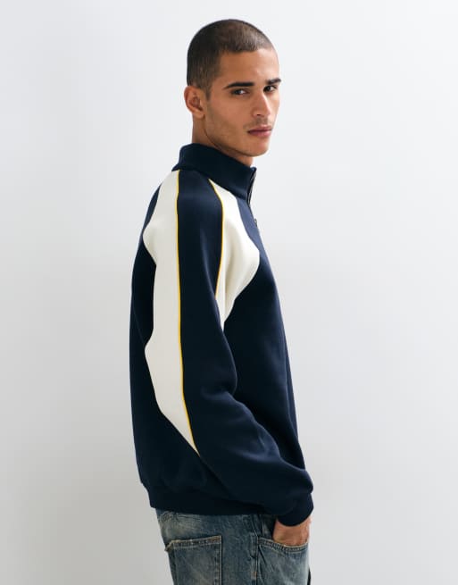 ASOS DESIGN relaxed half zip sweatshirt with cut & sew panelling and piping in navy, 4 of 5