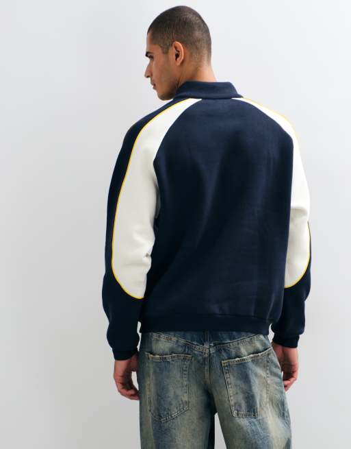 ASOS DESIGN relaxed half zip sweatshirt with cut & sew panelling and piping in navy, 5 of 5