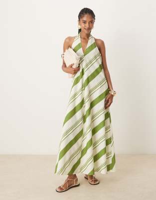 ASOS DESIGN relaxed halter neck maxi dress in green stripe