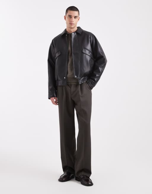 ASOS DESIGN relaxed Harrington jacket in faux leather in black, 2 of 5