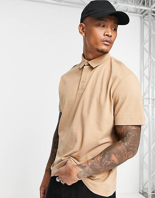  relaxed heavyweight brushed cotton polo in tan 