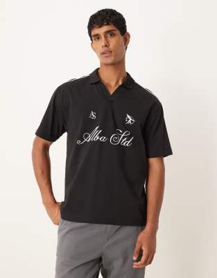 Asos Design Relaxed Heavyweight Polo Shirt With Print In Black