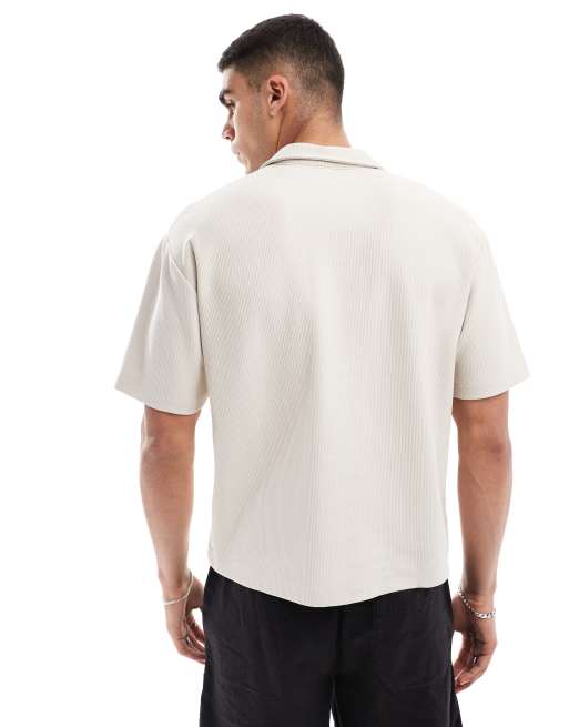 ASOS DESIGN relaxed heavyweight polo t-shirt with revere collar in stone, 4 of 4