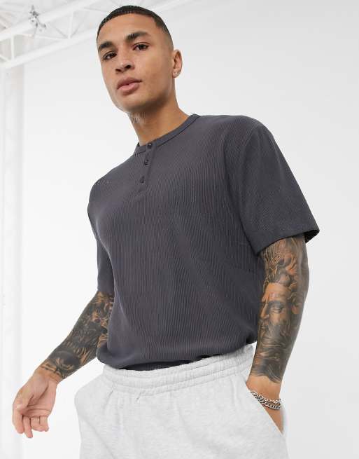 Asos Design Relaxed Heavyweight Rib T Shirt With Half Sleeve In Washed Black Asos