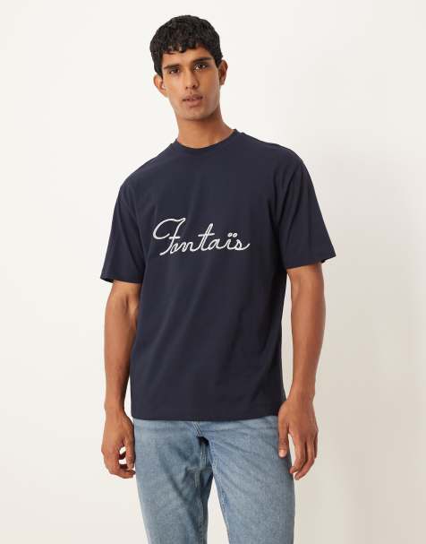 ASOS DESIGN relaxed heavyweight  t-shirt with text embroidery in navy - view 1