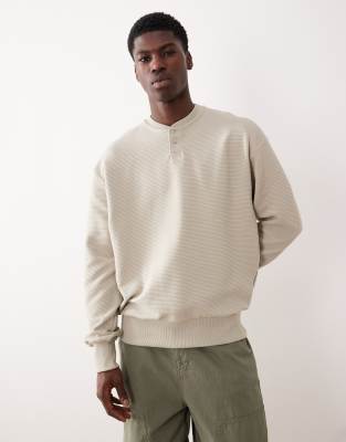 Asos Design Relaxed Henley Sweatshirt With Ribbed Texture In Neutral