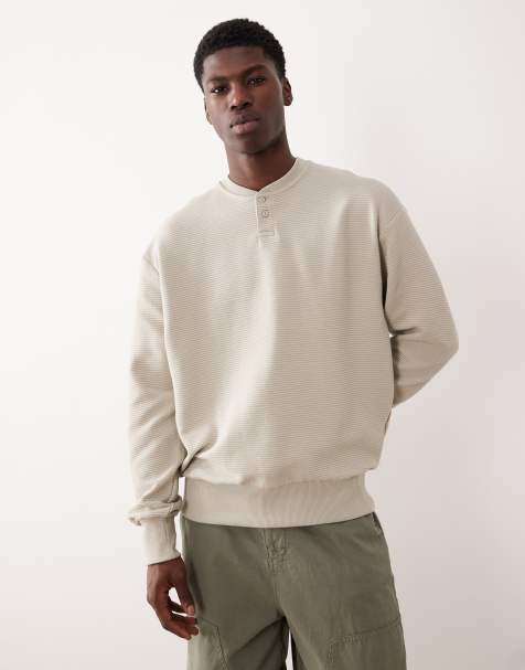 ASOS DESIGN relaxed henley sweatshirt with ribbed texture in stone - view 1