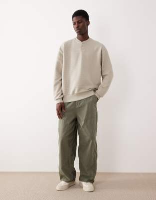 Asos Design Relaxed Henley Sweatshirt With Ribbed Texture In Neutral