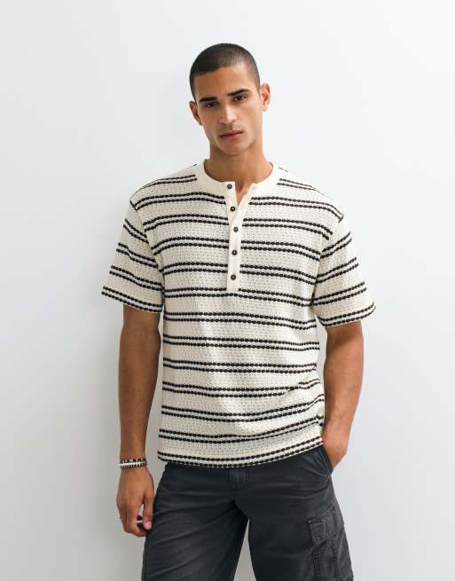 ASOS DESIGN relaxed henley t-shirt in brown striped textured fabric, 2 of 5