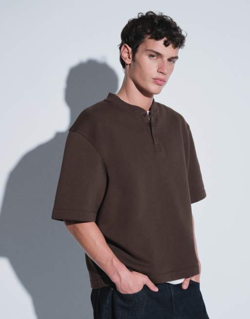 ASOS DESIGN relaxed henley top with 3/4 sleeve in brown, 5 of 5